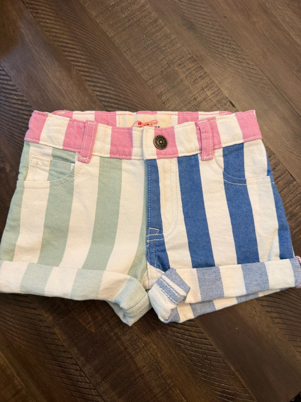 Mini Boden Girls Striped denim Shorts in Pink, Blue & Mint